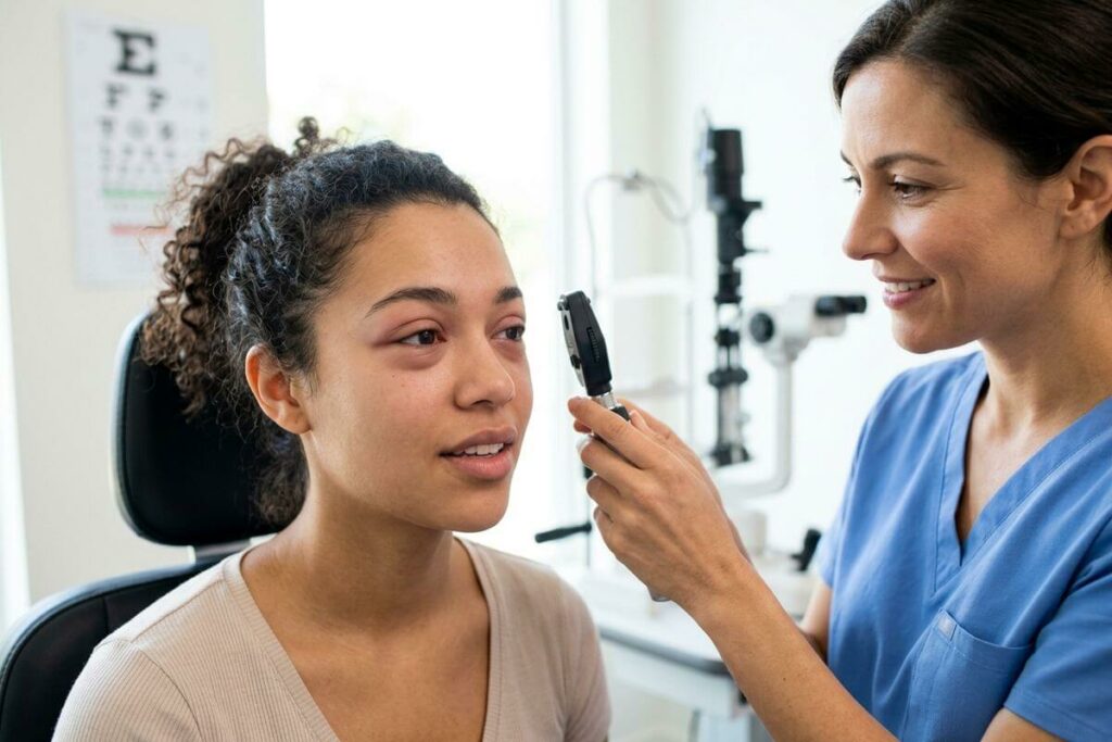 Close-up of a person's eye with puffy, swollen eyelids, showing signs of redness and irritation.