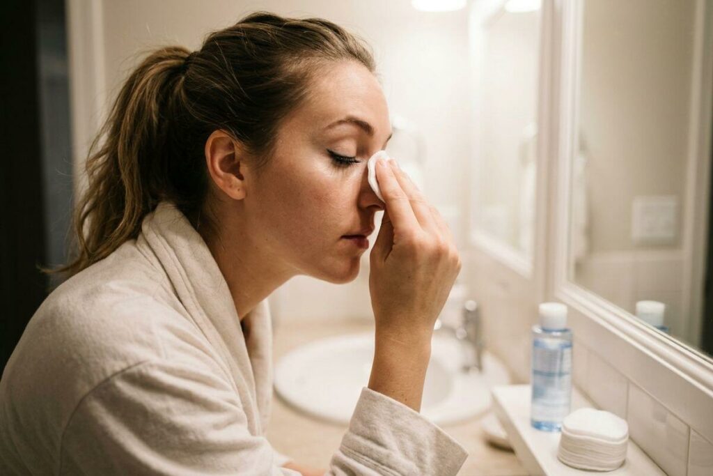 Person in a bathroom gently removing eye makeup with a cotton pad before bed.
