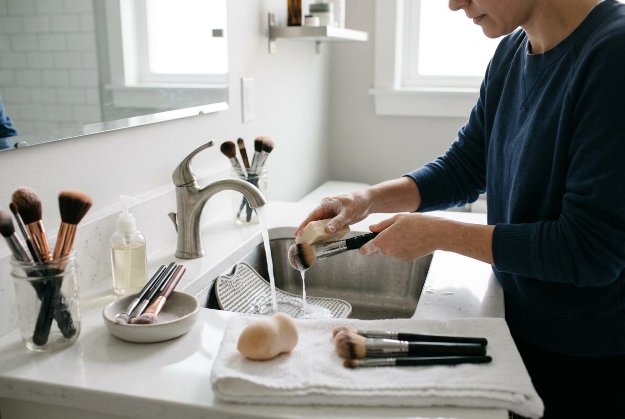 Person washing a makeup brush with soap over a bathroom sink, surrounded by more brushes and beauty sponges on the counter.