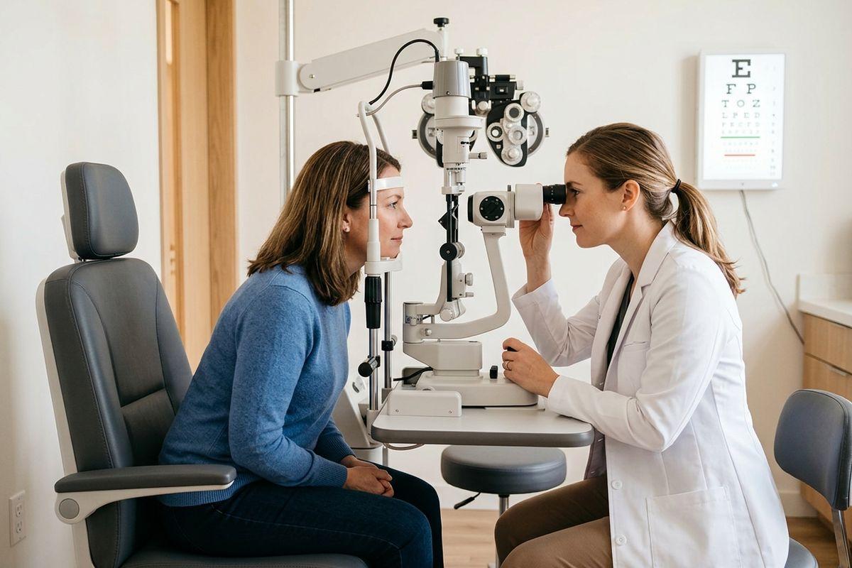 Optometrist examines a seated patient's eyes using a slit lamp, with an eye chart on the wall.