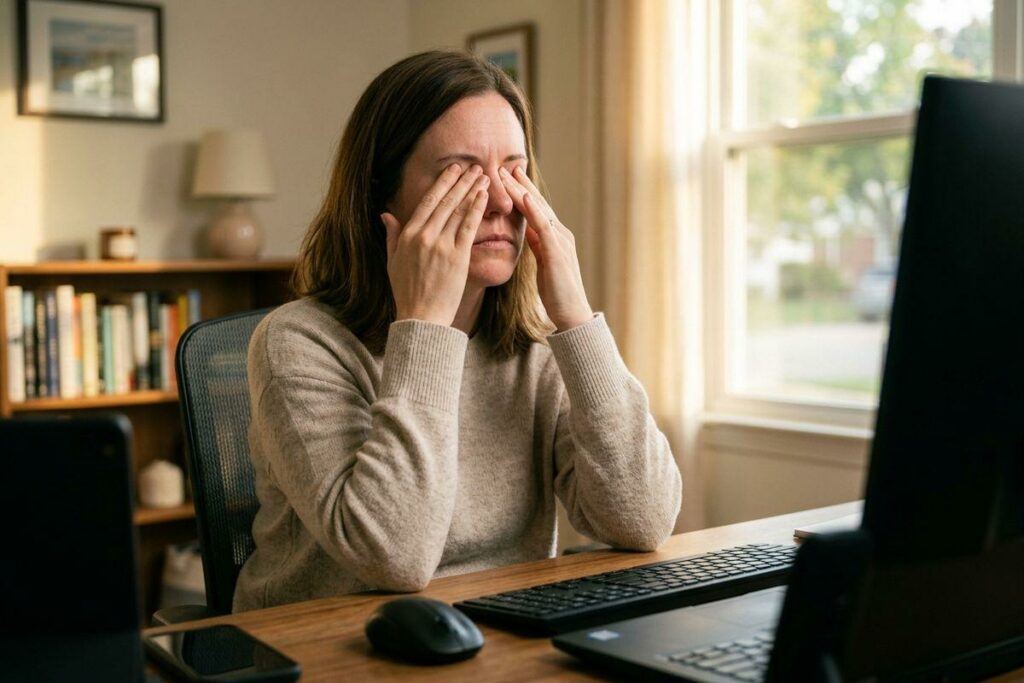 Person rubbing both eyes while sitting at a desk with a computer, keyboard, and mouse near a window.