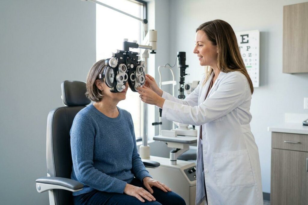 Optometrist adjusts a phoropter for a patient during an eye exam, with an eye chart on the wall behind them.