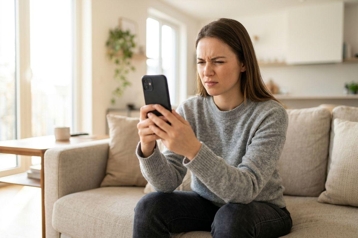 Person on a beige sofa squinting at a smartphone held close, brow furrowed, in a bright living room.