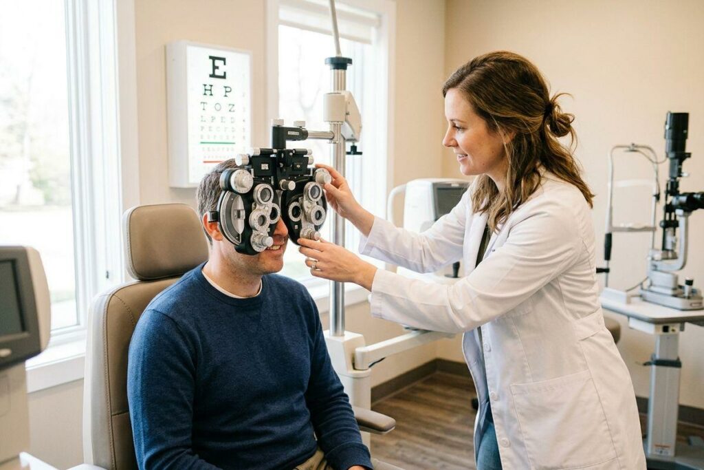 Optometrist adjusts a phoropter over a smiling patient's eyes during an eye exam, with an eye chart on the wall.