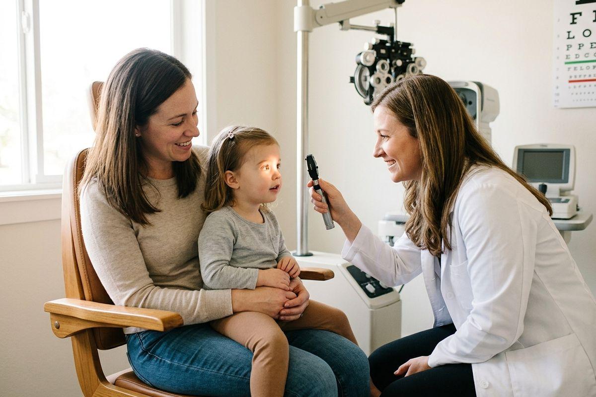 Optometrist examines eyes of a child sitting on an adult's lap, using a lit handheld instrument in an exam room.